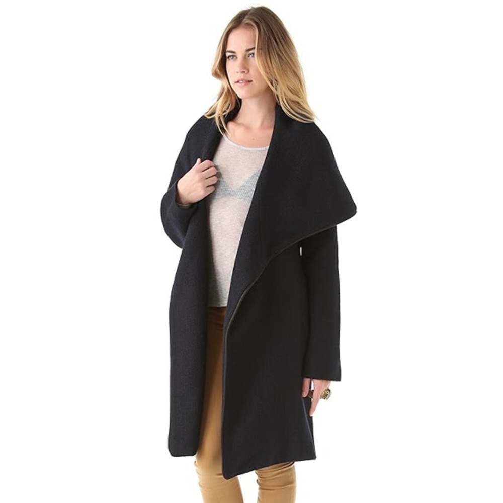 RARE Mara Hoffman 100% Wool Black Shawl Hooded Wrap Coat LEATHER PIPING - S